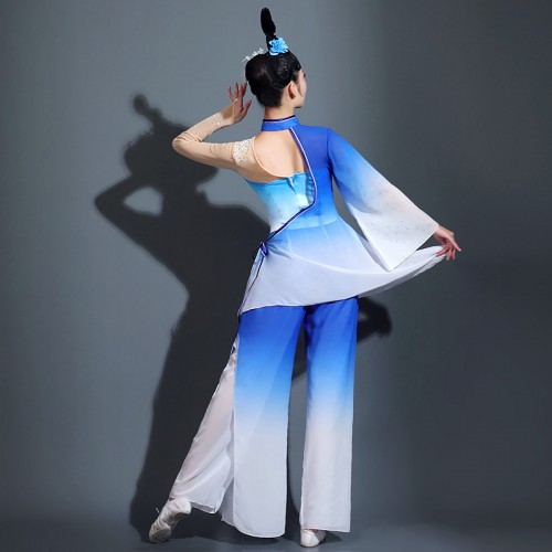 Women girls royal blue Gradient chinese folk dance dresses hanfu princess dress chinese traditional classical fan umbrella dance costumes for female